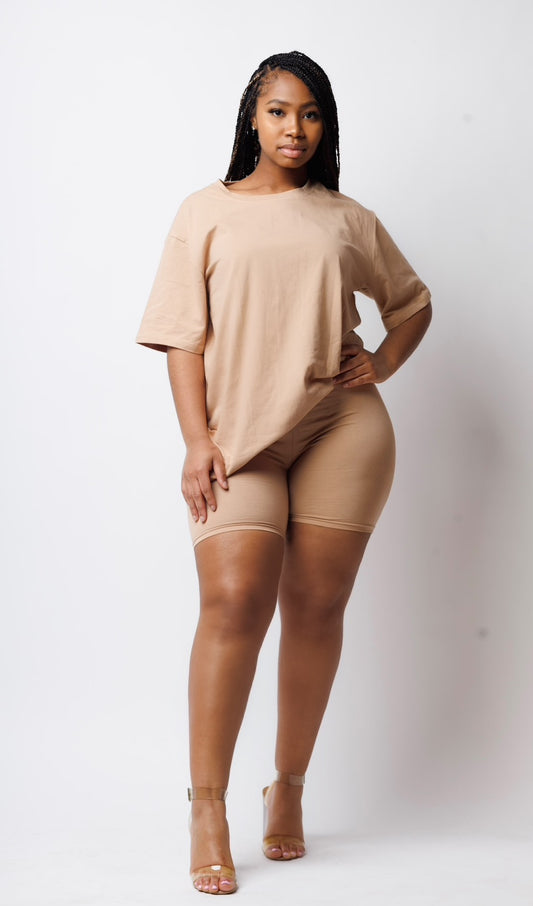 Beige Biker Short Set